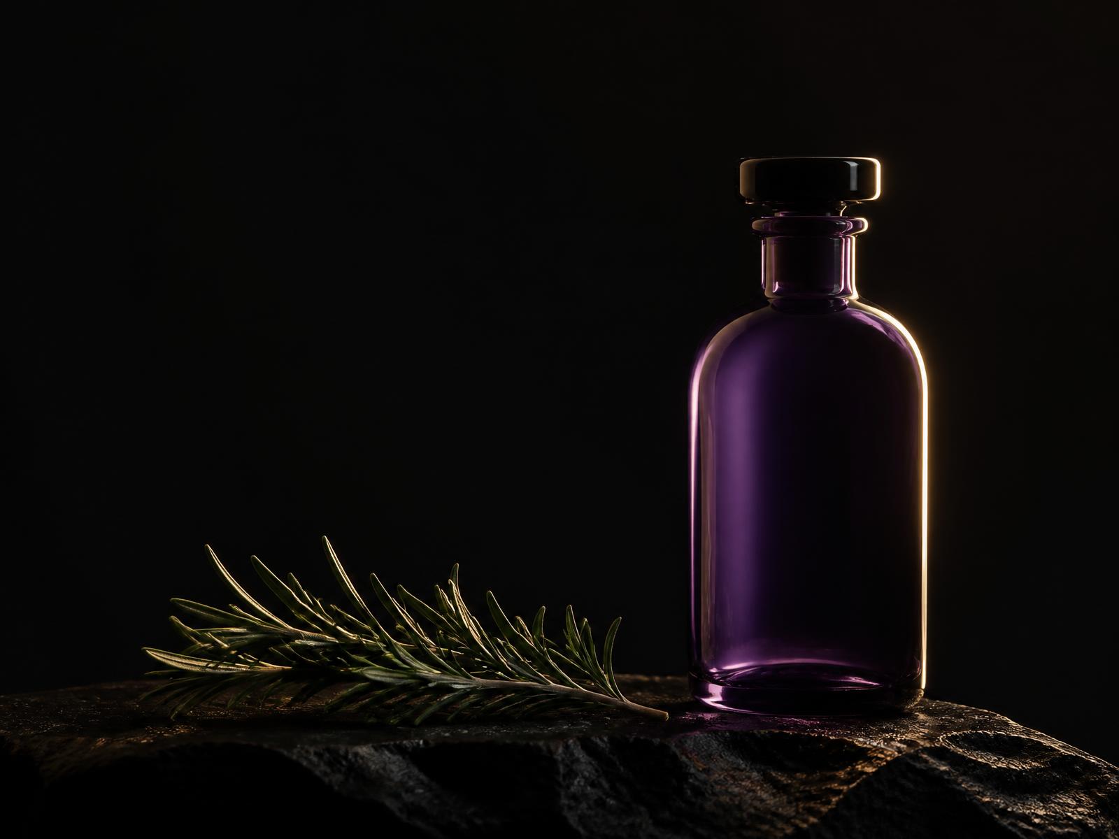 A single violet glass bottle and a sprig of rosemary lit by soft gold light on black stone