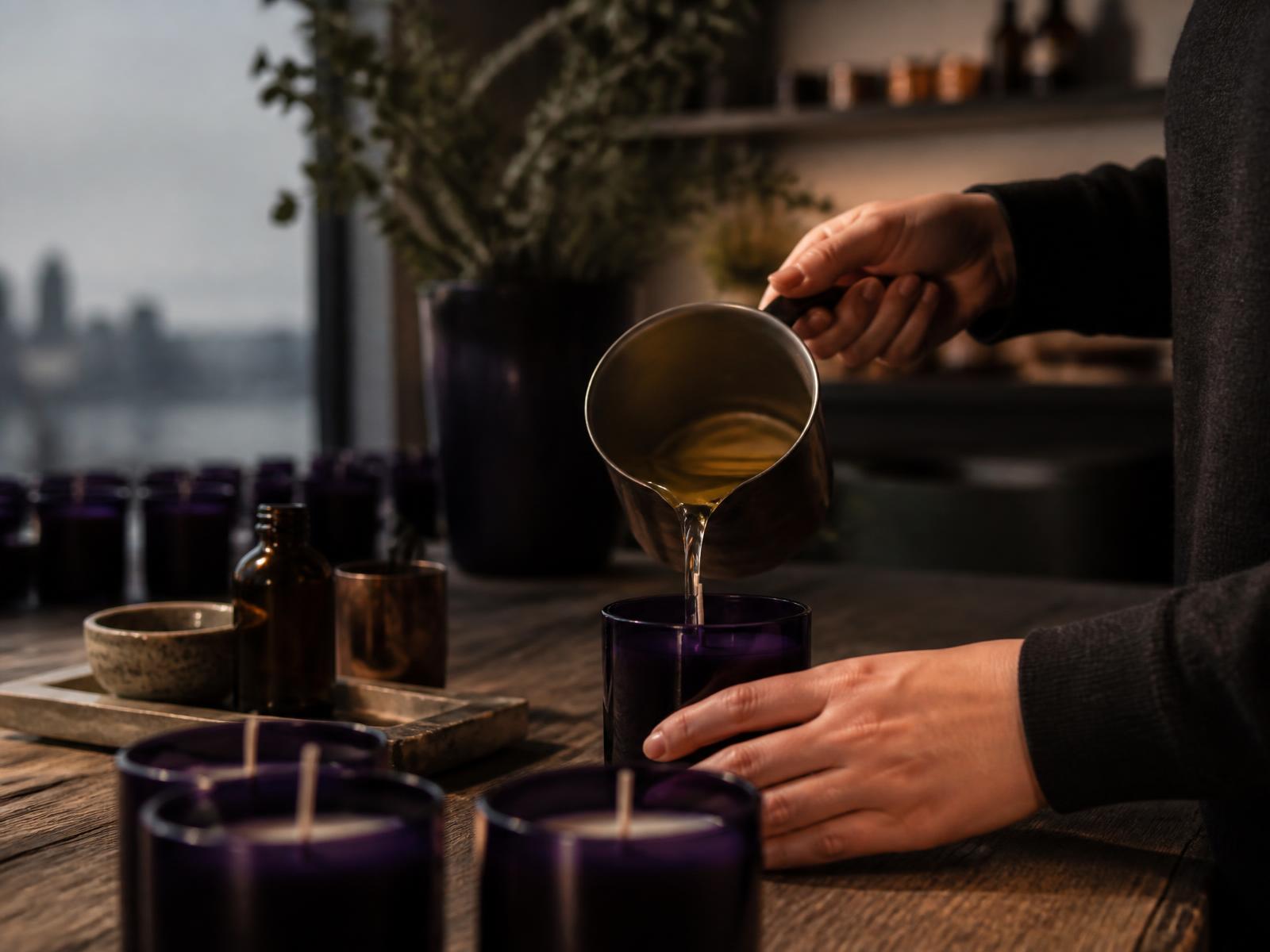 Hands pouring melted natural wax into a violet glass candle vessel in a Vancouver studio