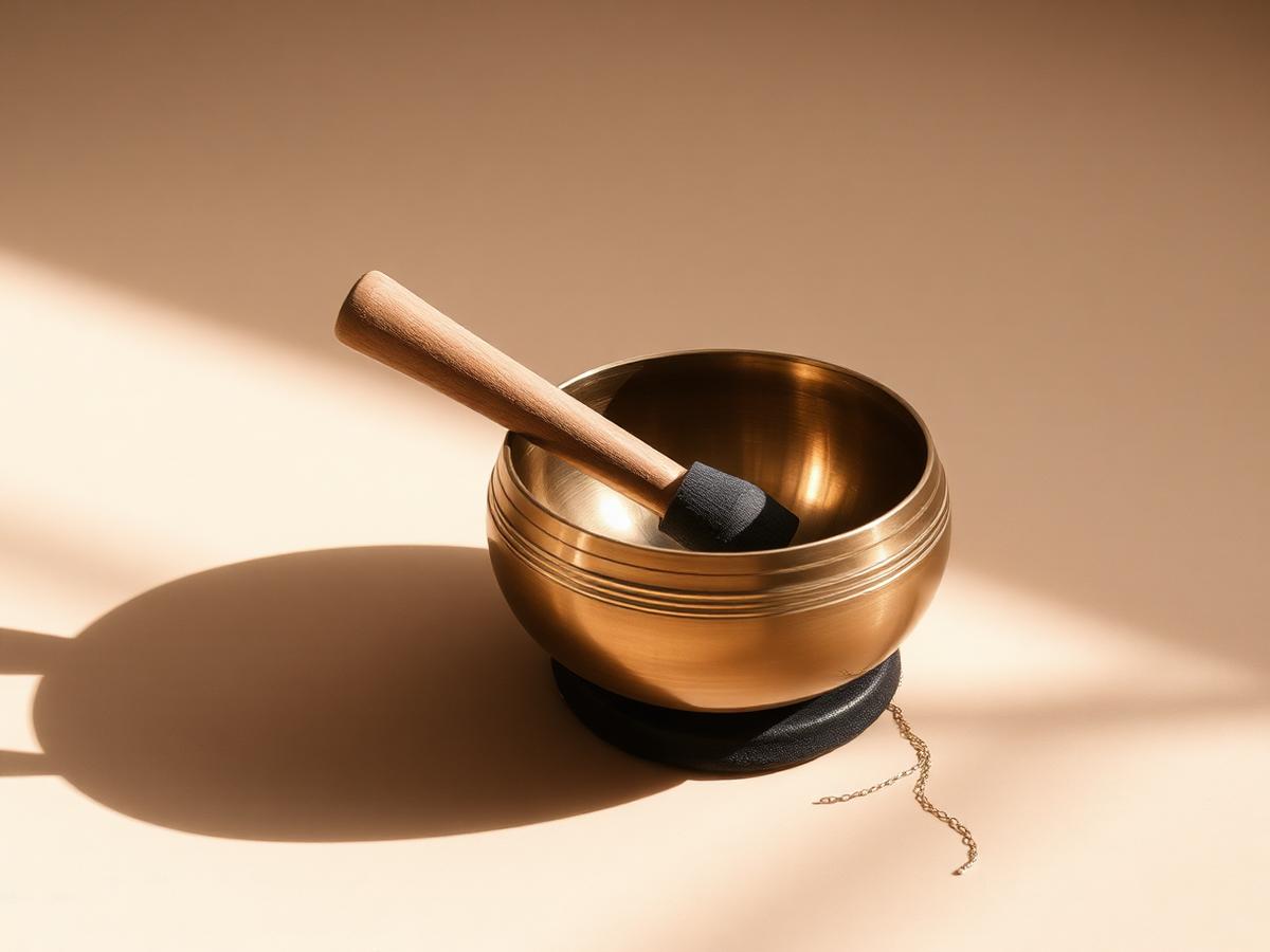 A bronze singing bowl with mallet casting a long soft shadow