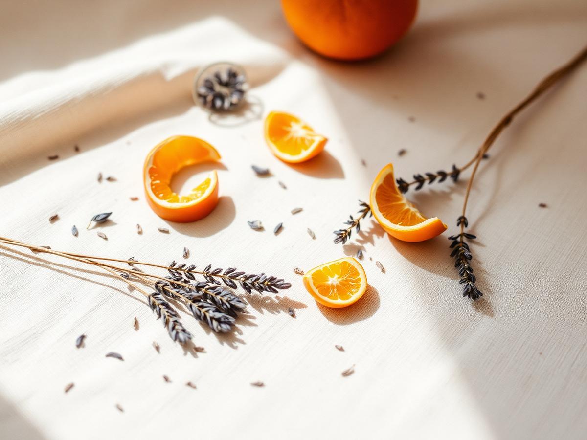 Dried lavender sprigs and sweet orange peel on ivory linen