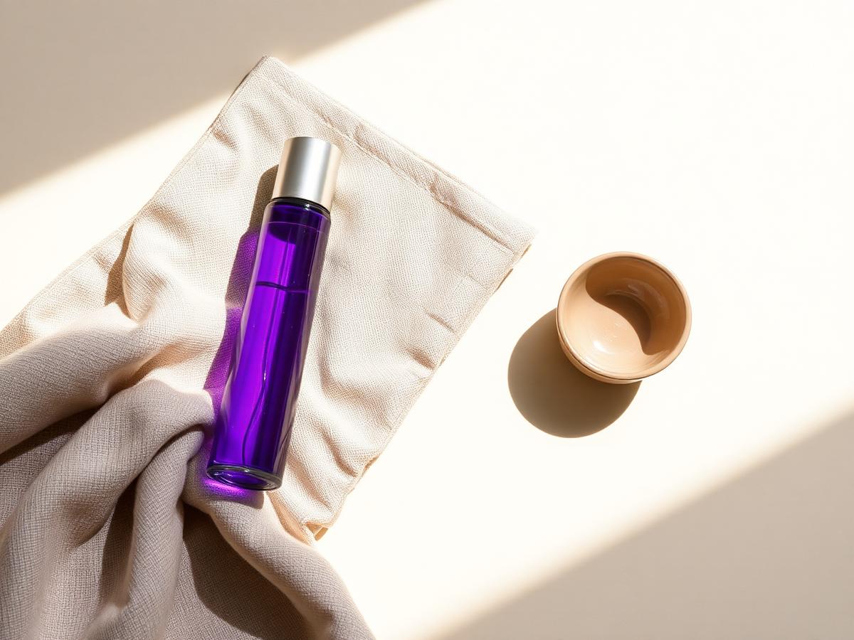 A violet glass roll-on bottle resting on folded linen in soft daylight
